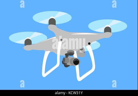 Grigio drone quadcopter volare nel cielo blu. quad icona isolato. spy photo videografia. innovazione tecnologia fotocamera illustrazione vettoriale. Illustrazione Vettoriale