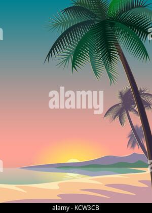 Brillante tramonto sul mare. profondo cielo notturno. palme sulla spiaggia. montagne in distanza. illustrazione vettoriale Illustrazione Vettoriale