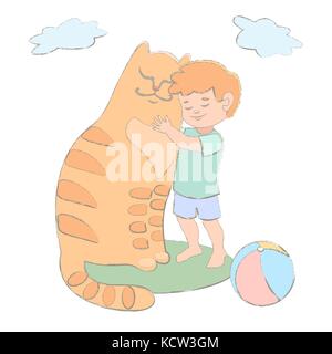 Red boy e cat cuddling sono amici. blue sky. verde prato. animali preferiti. illustrazione vettoriale nuvole Illustrazione Vettoriale