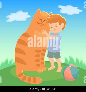 Red boy e cat cuddling sono amici. blue sky. verde prato. animali preferiti. illustrazione vettoriale Illustrazione Vettoriale