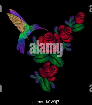 Ricamo uccelli incantevole volteggiare su rose rosse su uno sfondo nero. abbigliamento di moda decorazione. modelli tradizionali. illustrazione vettoriale Illustrazione Vettoriale