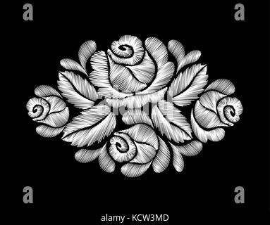 Rose bianche ricamo su sfondo nero. Fiori etnici neck line flower design moda grafica vettoriale da indossare Illustrazione Vettoriale