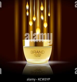 Essenza di crema di siero olio dorata goccia sfondo, realistico tridimensionale dettagliata illustrazione cosmetic skincare annunci. maschera per capelli naturali. oro liquido goccioline appendere Illustrazione Vettoriale