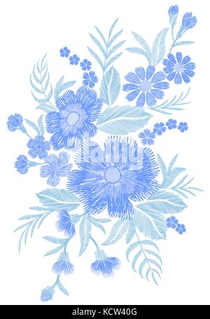 Ricamato blu bouquet di fiori di campo patch di moda tessuto ornamento tradizionale etnica vintage ricamo illustrazione vettoriale arte Illustrazione Vettoriale