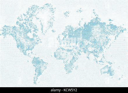 Abstract mappa tratteggiata blu e bianco di mezzitoni effetto grunge illustrazione. mappa mondiale Silhouette. Forme continentale di puntini. monocromatico circolare radiale Illustrazione Vettoriale