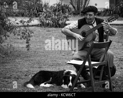 Gaucho musicista con la chitarra e cane ai suoi piedi, estancia, San Antonio de Areco, nr. Buenos Aires, Argentina Foto Stock