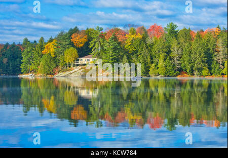 Il lago a ferro di cavallo in autunno con cottage , vicino a parry sound, ontario, Canada Foto Stock