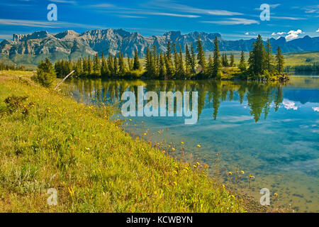 Canadian Rocky Mountains e gli alberi si riflette nel lago Talbot, Jasper National Park, Alberta, Canada Foto Stock