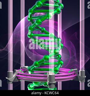 Illustrazione concettuale di un doppio filamento di DNA (acido desossiribonucleico) con la molecola di DNA o di generazione di apparecchiature di editing. Il DNA è composto da due trefoli intrecciati in una doppia elica. Ciascun filamento è costituito da uno zucchero-ossatura di fosfato attaccata alle basi nucleotidiche. Ci sono quattro basi: adenina, citosina, guanina e timina. Le basi sono uniti tra di loro da legami idrogeno. Il DNA contiene sezioni chiamati geni che codificano il corpo di informazioni genetiche. Foto Stock