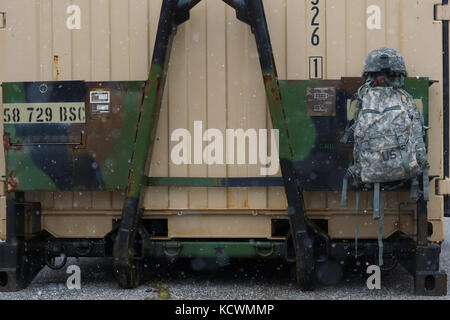 I soldati degli Stati Uniti assegnato all'area 251st supporto società medica, Carolina del Sud esercito guardia nazionale e la 231st Chemical Company, Maryland esercito guardia nazionale, la configurazione di una decontaminazione e punto di triage durante un esercito degli Stati Uniti nord formazione congiunta esercizio al centro in palissandro, Owings Mills, nel Maryland, 10 marzo 2017. (U.s. Air National Guard foto di tech. sgt. jorge intriago) ​ Foto Stock