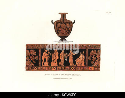 Vaso antico nel British museum. vaso in argilla rossa con design nero di figure mitologiche compreso Hercules, mercurio, ecc handcolored incisione su rame di henry Mosè da una raccolta di vasi antichi, altari, ecc., Londra, 1814. Foto Stock