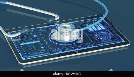 Futuristico interfaccia app per medico e scientifico, scopo, con uno stetoscopio (3d rendering) Foto Stock