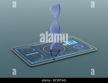 Tablet PC con una futuristica interfaccia app per medici e scopo scientifico, DNA umano scanner (3d rendering) Foto Stock