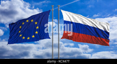 Le bandiere della Russia e dell'Unione europea sventolano su sfondo blu. illustrazione 3d. Foto Stock