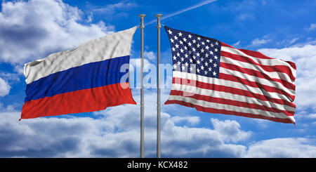 Russia e Stati Uniti d'America bandiere che sventolano su sfondo blu. illustrazione 3d. Foto Stock