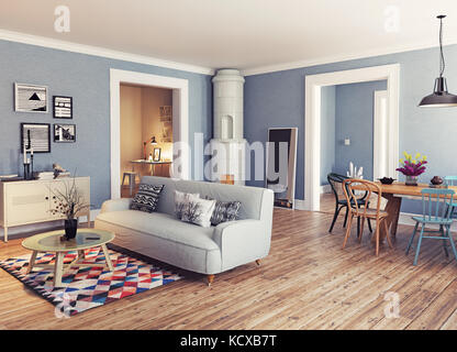 Appartamento moderno. Design scandinavo. informazioni sull'illustrazione del rendering 3d. Foto Stock