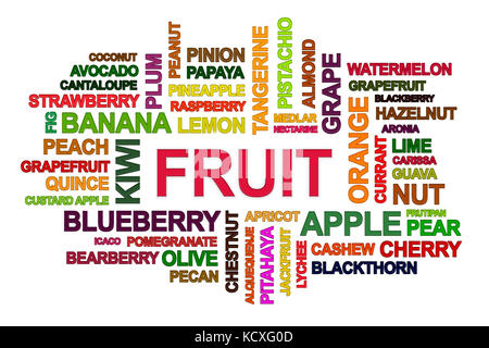 Frutti word cloud su sfondo bianco. Foto Stock