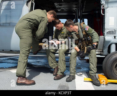 171007-N-MU198-008 MAR DEI CARAIBI (ott. 7, 2017) i membri dell'equipaggio di un MH-60S Seahawk, attaccato al 'Sea Cavalieri' di elicottero di mare squadrone di combattimento (HSC) 22 revisione materiali di briefing a bordo della nave ospedale USNS Comfort (T-AH 20) prima di una evacuazione medica. Il comfort è arrivato nella regione di Arecibo-Manati di Puerto Rico per fornire servizi medici con visite aggiuntive essendo previsto intorno l'isola. Gli Stati Uniti La salute e i servizi umani e Puerto Rico Dipartimento di Salute rappresentanti stanno dando priorità ai pazienti a ogni fermata prima di comfort dell'arrivo. Il Dipartimento della Difesa è supportonei Foto Stock