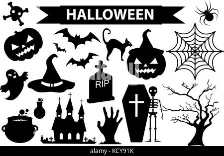 Happy halloween set di icone, nero stile silhouette. isolato su sfondo bianco. Halloween raccolta di elementi di design con zucca, spider, zombie, cranio, bara, bat. illustrazione vettoriale. Illustrazione Vettoriale