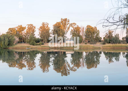 Alberi su die eiland (l'isola) riflesso al tramonto sul fiume Orange a upington, una città nel nord della provincia del capo del sud africa Foto Stock