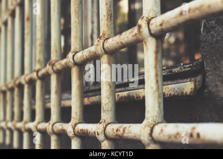 Close up di rusty griglie di protezione su una finestra Foto Stock