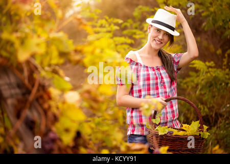 Carino giovane ragazza in vigna Foto Stock