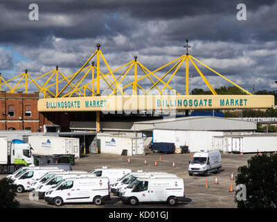 Mercato del Pesce di Billingsgate nella zona est di Londra, il più grande del Regno Unito, pesce e frutti di mare mercato vicino a Canary Wharf in pioppo, East London, Regno Unito. Foto Stock