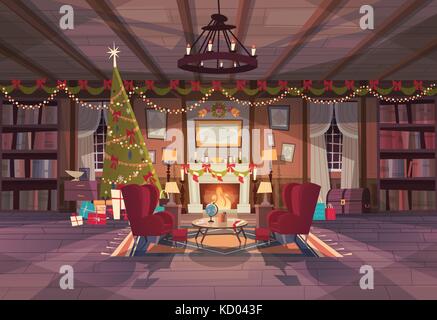 Soggiorno decorato per il Natale e il nuovo anno, poltrone vuote nei pressi di pino e camino, casa arredamento vacanze invernali concept Illustrazione Vettoriale