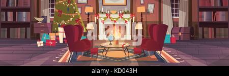Soggiorno decorato per il Natale e il nuovo anno, poltrone vuote nei pressi di pino e camino, casa arredamento vacanze invernali concept Illustrazione Vettoriale