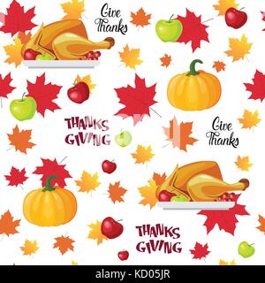 Felice giorno del ringraziamento seamless pattern autunno vacanza tradizionale biglietto di auguri con arrosto di tacchino Illustrazione Vettoriale