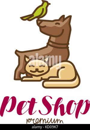 Etichetta o logo del negozio di animali domestici. Animali, pappagallo, cane, icona gatto. Illustrazione vettoriale Illustrazione Vettoriale