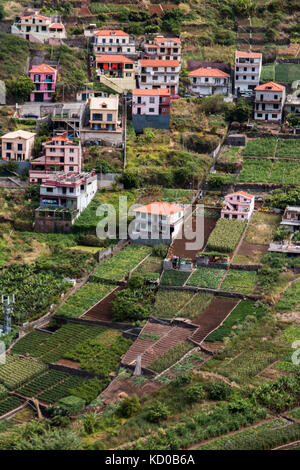 Vista di piccoli lotti di terreno coltivabile è vista dal di sopra. Foto Stock