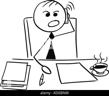 Cartoon stick uomo illustrazione di angry imprenditore boss manager utilizzando il telefono cellulare per chiamare. Illustrazione Vettoriale