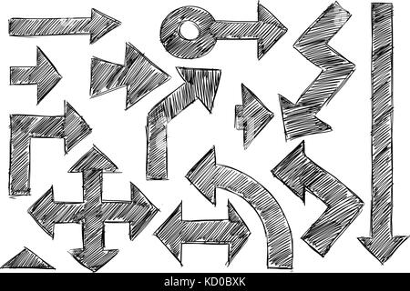 Set di vettore di vari doodle schizzo tratteggiato disegno a mano le frecce. Illustrazione Vettoriale