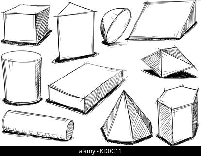 Set di varie sketchy 3d forma geometrica scarabocchi. Illustrazione Vettoriale