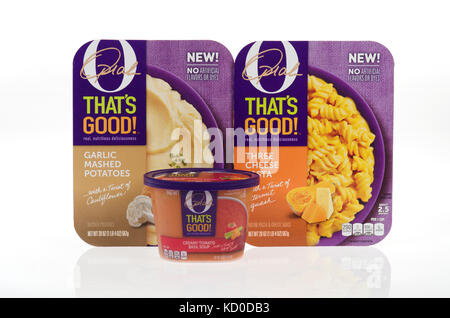 Oprah Winfrey's o che è buono! Gli alimenti preparati in confezionamento su sfondo bianco intaglio USA Foto Stock