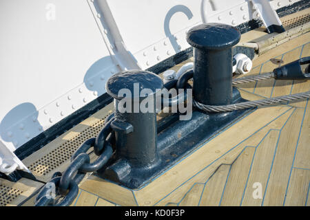 Due bitte nero con catene pesanti su un ponte di legno su una nave Foto Stock