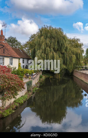 Un grazioso cottage lungo il fiume Blackwater nel villaggio di Coggeshall, Essex, all'inizio dell'autunno, con un grande salice piangente tre Foto Stock