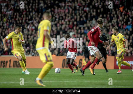 Copenaghen, Danimarca. 8 ottobre 2017. Pione Sisto (23) della Danimarca ha visto durante il qualificatore della Coppa del mondo tra Danimarca e Romania a Telia Parken a Copenhagen. Credit: Gonzales Photo/Alamy Live News Foto Stock