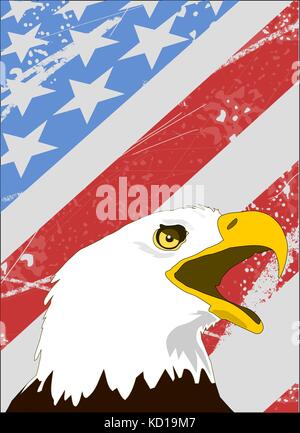 Aquila calva sulla bandiera americana stile grunge, illustrazione vettoriale Illustrazione Vettoriale