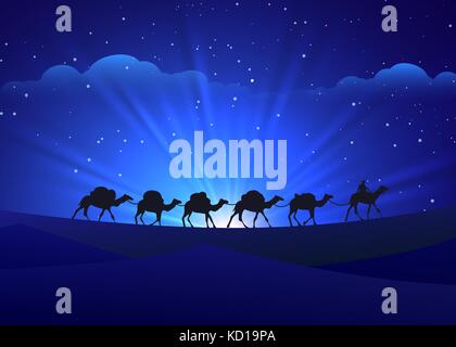 Camminare camel caravan sfondo notturno Illustrazione Vettoriale