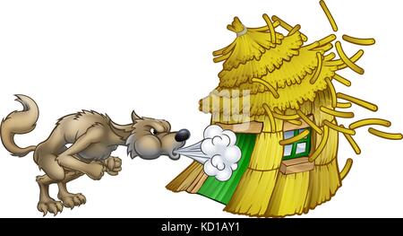 Tre piccoli maiali Big Bad Wolf Blowing Straw House Illustrazione Vettoriale