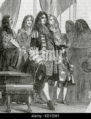 Philippe II, duca d'Orleans (1674-1723). Membro della famiglia reale di Francia. Ha servito come reggente del regno dal 1715-1723, durante la minoranza del re Luigi XV (1710-1774). Il Reggente con Luigi XV bambino in Parlamento. Incisione. Foto Stock