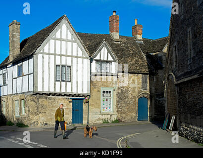 Donna cane a piedi nel villaggio di Lacock, Wiltshire, Inghilterra, Regno Unito Foto Stock