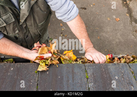 Pulizia di foglie di autunno dalla grondaia Foto Stock