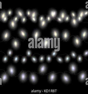 Impostare di nuovo anno, le luci di Natale isolato realistici elementi di design. luci incandescenti per biglietti d'auguri. ghirlande su uno sfondo nero. illustrazione Illustrazione Vettoriale