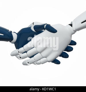 Handshake 3D con rendering delle mani robotiche 3D. Foto Stock