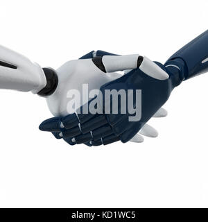 Handshake 3D con rendering delle mani robotiche 3D. Foto Stock