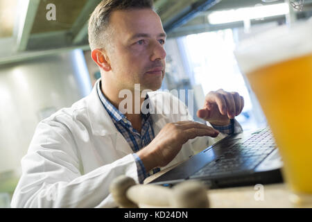 Fabbricante lavorando sul computer presso la fabbrica di birra Foto Stock