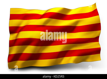 Bandiera Senyera della Catalogna che sventola nel vento, isolata su sfondo bianco - illustrazione 3D. Foto Stock